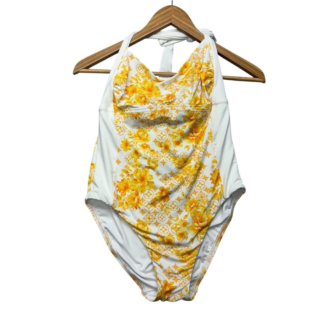 Lands End Womens Swimsuit 8 Yellow Floral One Piece Swim Halter Open Back